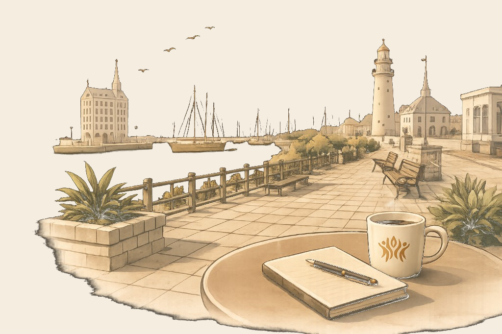 Illustratie van de haven van Den Helder met een tafel, notitieboek en koffiemok