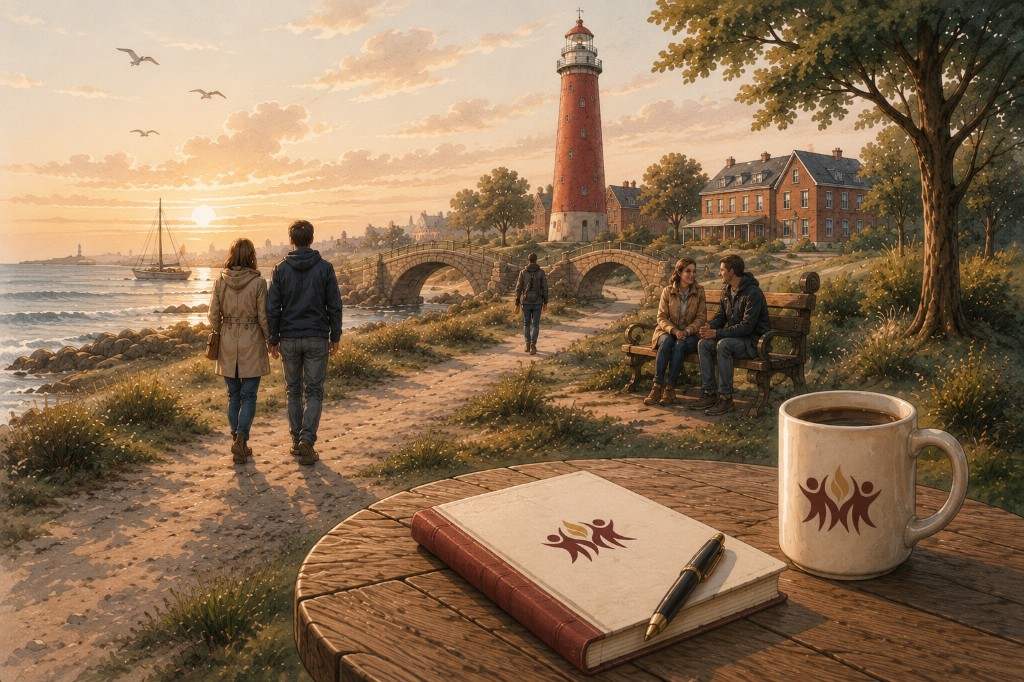 Illustratie van Den Helder met vuurtoren, brug en notitieboek